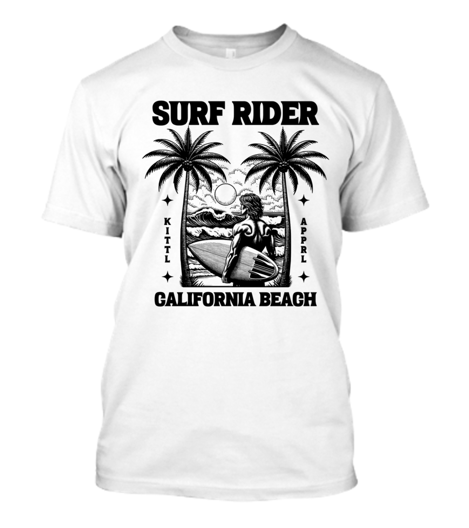 Surf Rider California Beach Kittl Apprl Palm Trees Ocean Sunset T-Shirt