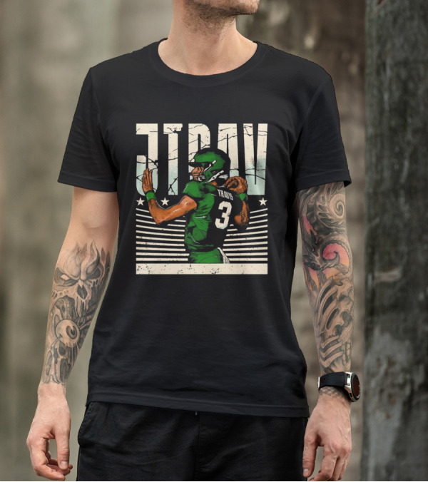 Jordan Travis New York Jets Football Cartoon Graphic Retro Style Football Jersey Number 3 T-Shirt