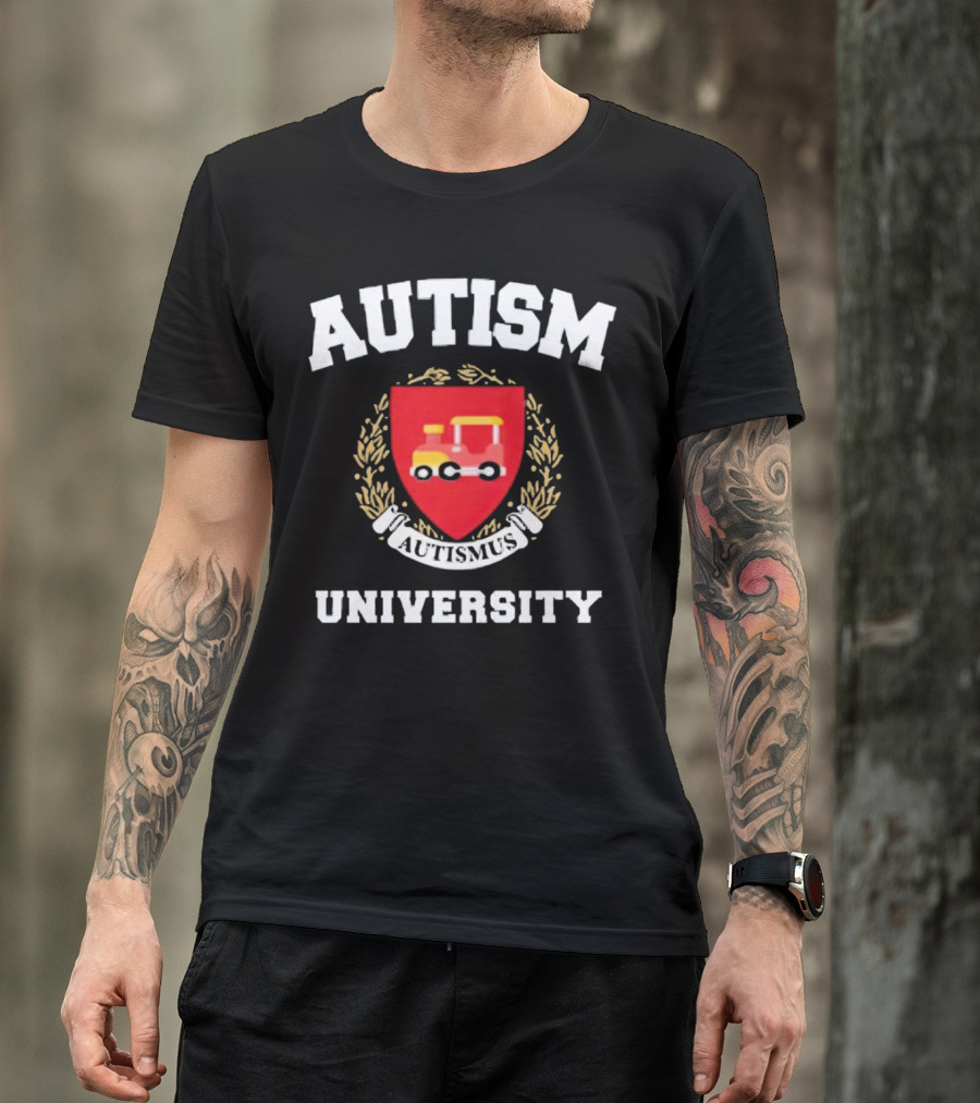 Autismus University Autism Joke Shield With Toy Car Crest T-Shirt