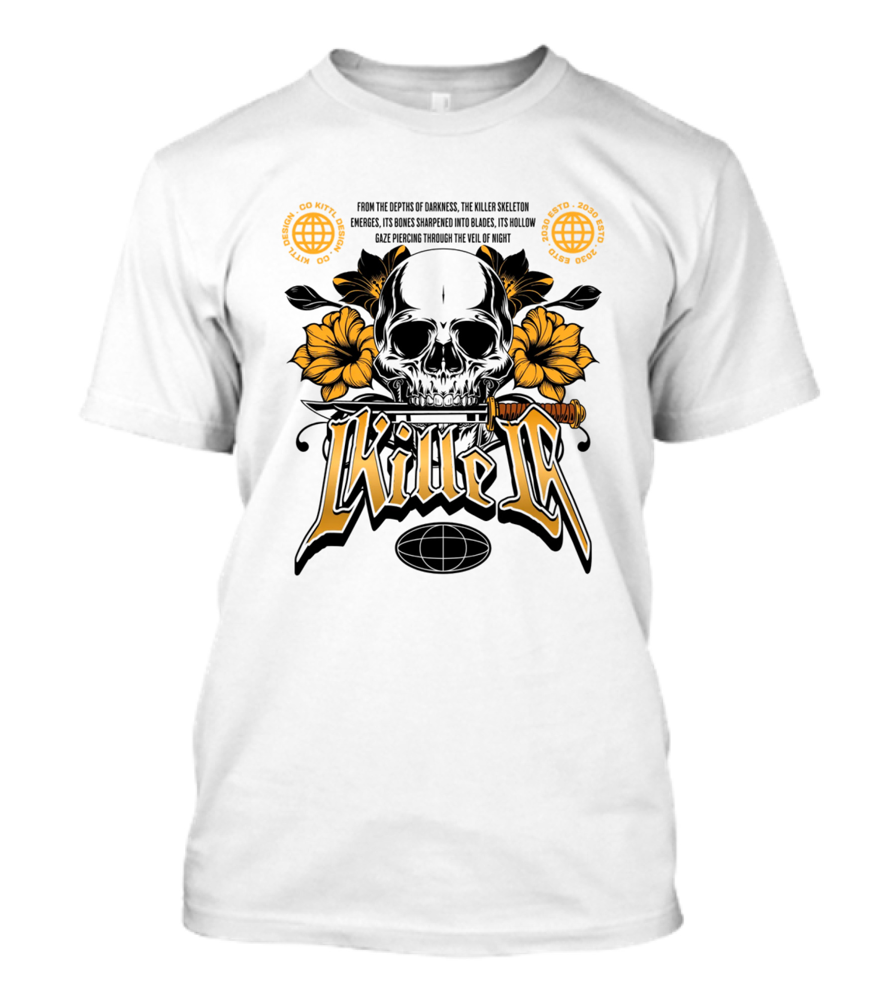 Killer Skeleton Dark Skull With Sword And Flowers T-Shirt