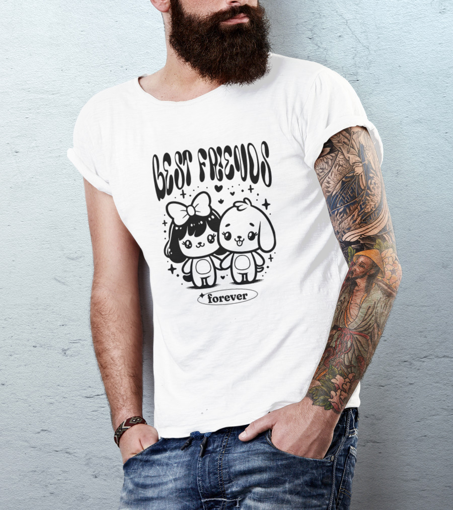 BEST FRIENDS FOREVER Cute Cartoon Characters Holding Hands With Hearts And Stars T-Shirt