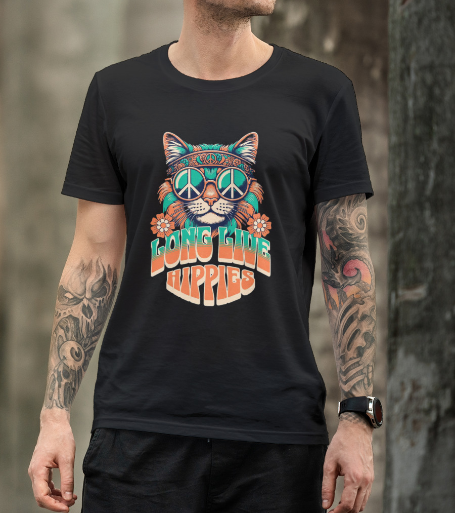 Long Live Hippies Cat With Peace Sign Glasses And Flowers T-Shirt
