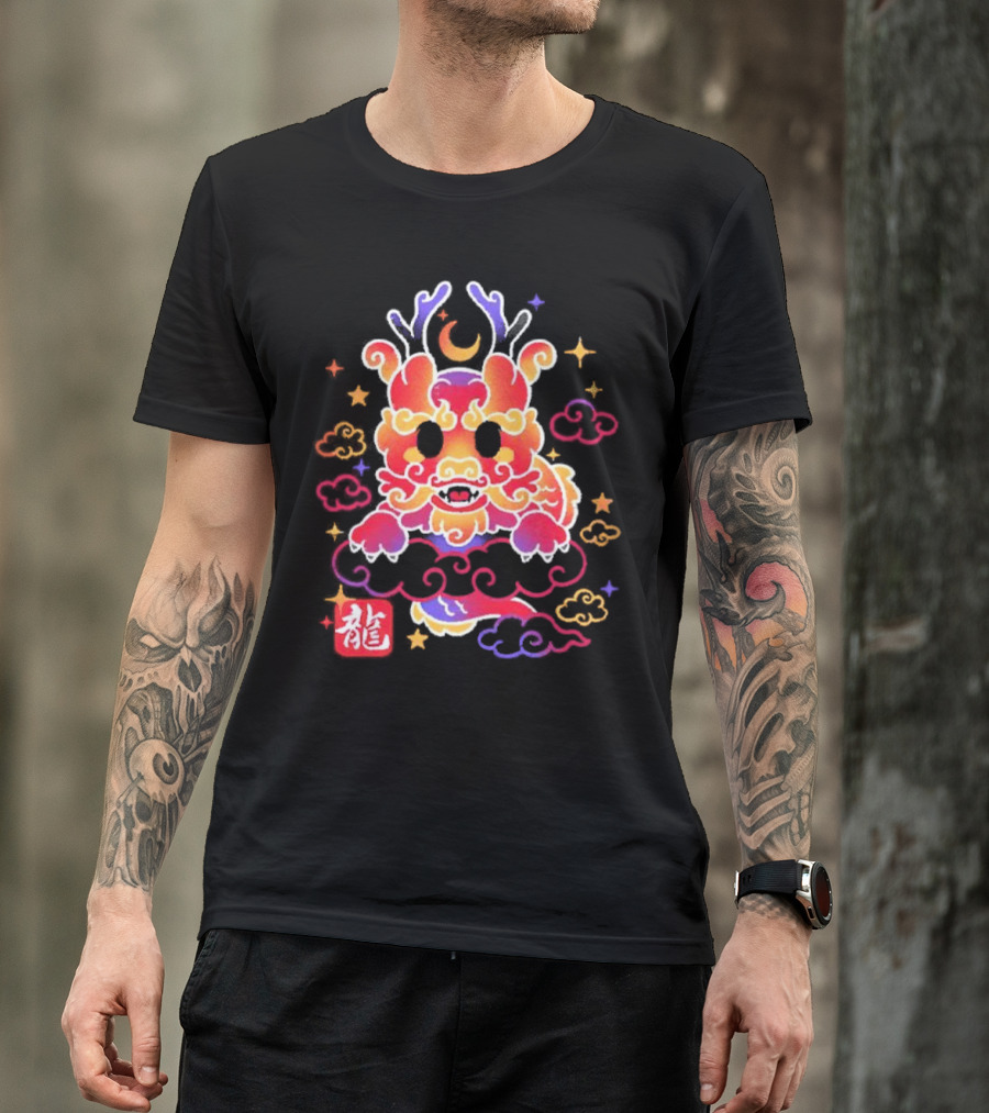 Kawaii Chinese Dragon With Colorful Clouds And Stars Asian Aesthetic T-Shirt