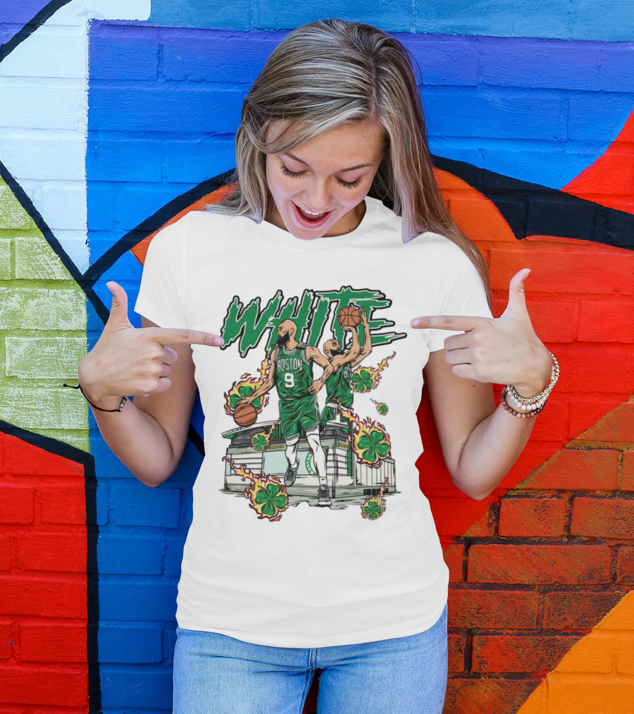 Boston Celtics White 9 Basketball Player With Shamrocks And Basketball Court T-Shirt