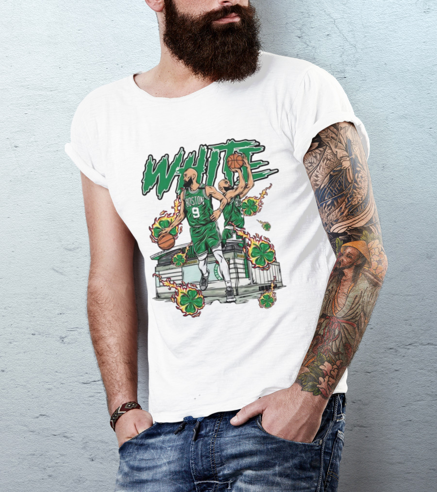 Boston Celtics White 9 Basketball Player With Shamrocks And Basketball Court T-Shirt