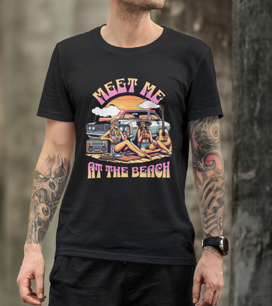 Meet Me At The Beach Sunset Paradise With Classic Car And Guitar T-Shirt