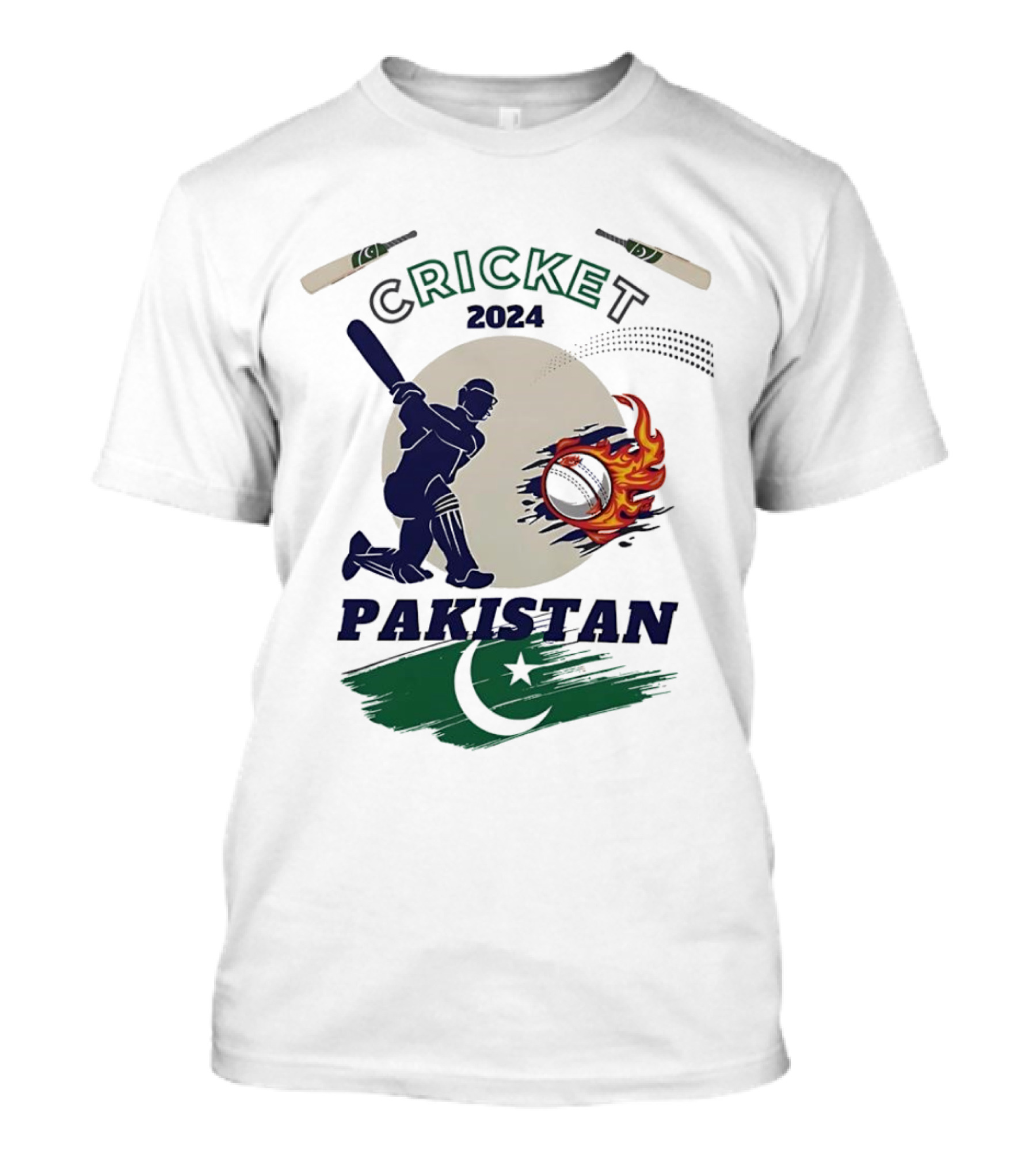 Cricket 2024 Pakistan Batsman And Fiery Ball With Flag Elements T-Shirt