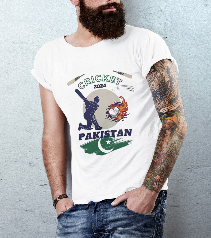 Cricket 2024 Pakistan Batsman And Fiery Ball With Flag Elements T-Shirt