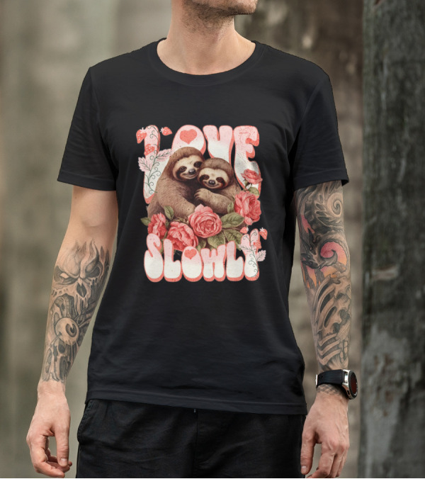 Love Slowly Sloth Couple Romance Valentine Heart Roses T-Shirt
