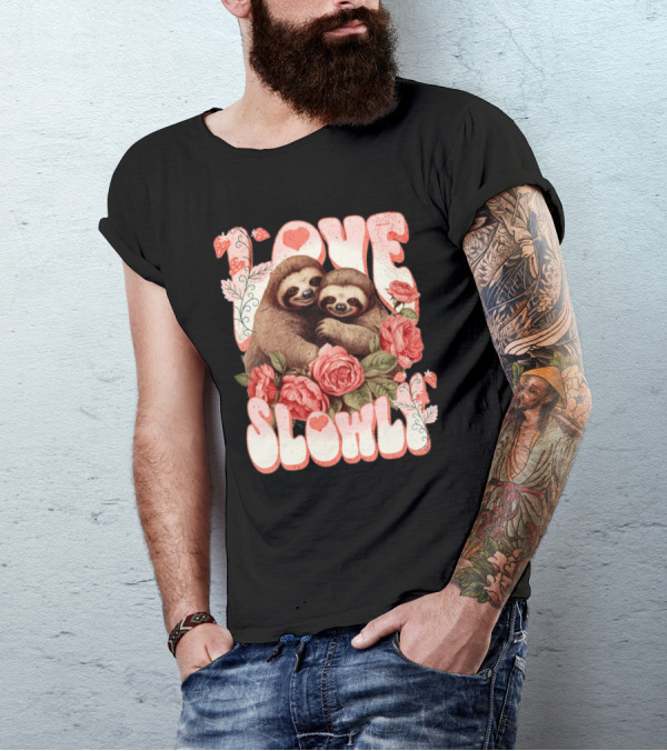 Love Slowly Sloth Couple Romance Valentine Heart Roses T-Shirt
