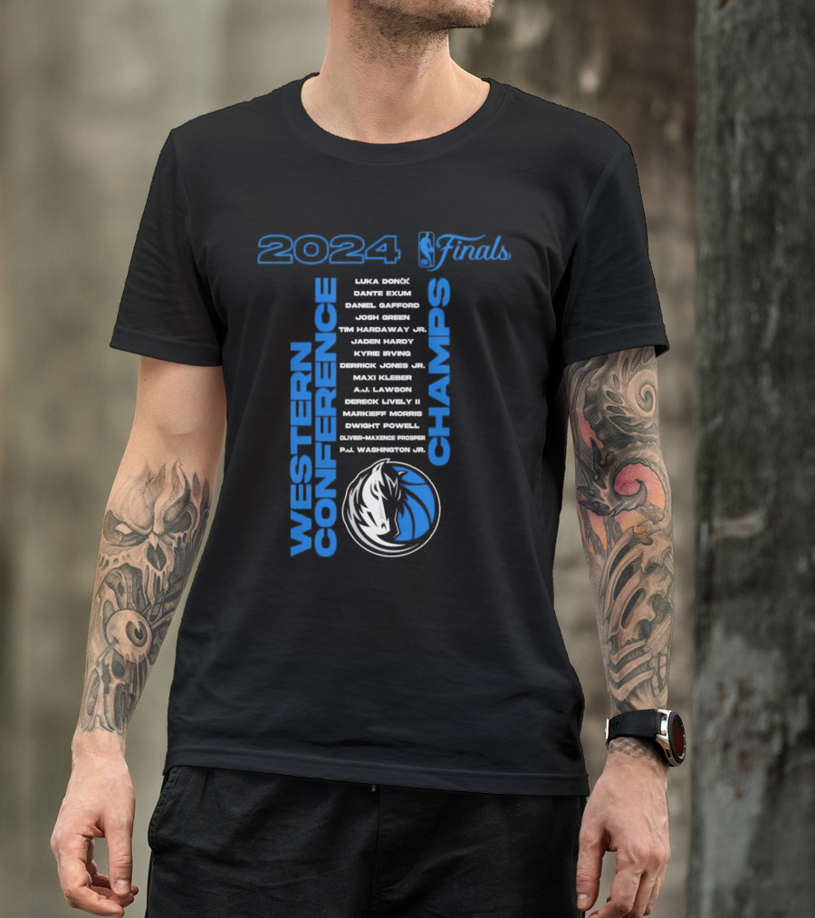 Dallas Mavericks 2024 Finals Western Conference Champs Luka Dončić Kyrie Irving Maxi Kleber Jaden Hardy Dwight Powell Markieff Morris Roster T-Shirt