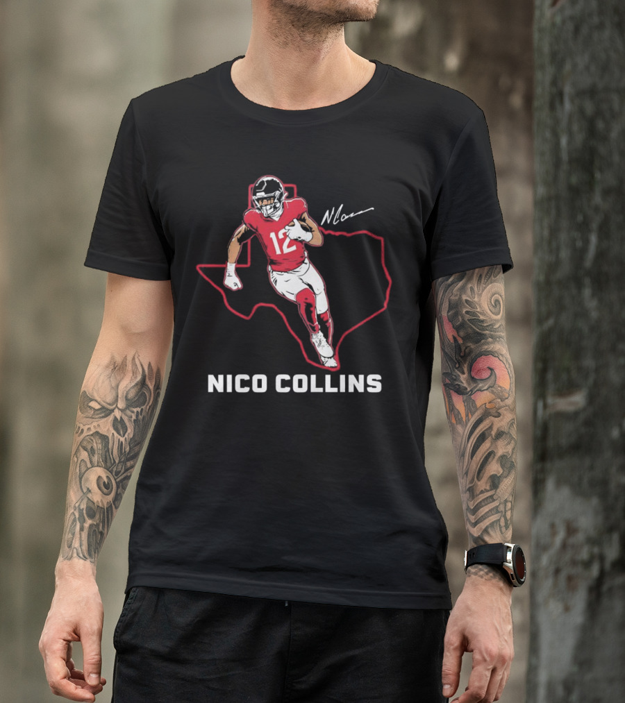 Nico Collins 12 Houston Texans State Outline Signature T-Shirt