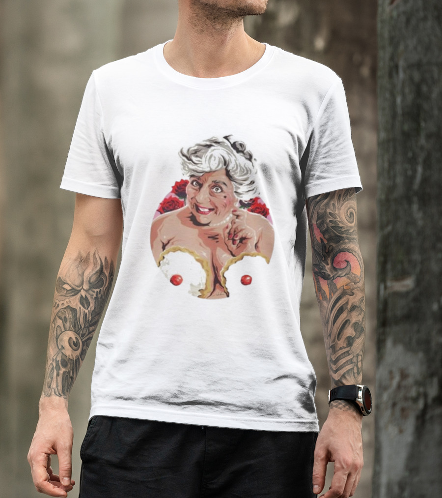 Nordacious Miriam Margolyes Humorous Portrait With Cakes And Roses T-Shirt