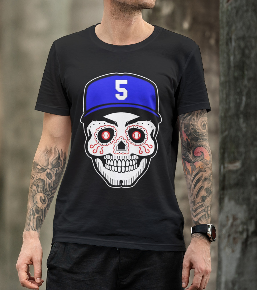 Freddie Freeman Sugar Skull Design Los Angeles Dodgers Number 5 Baseball Cap T-Shirt