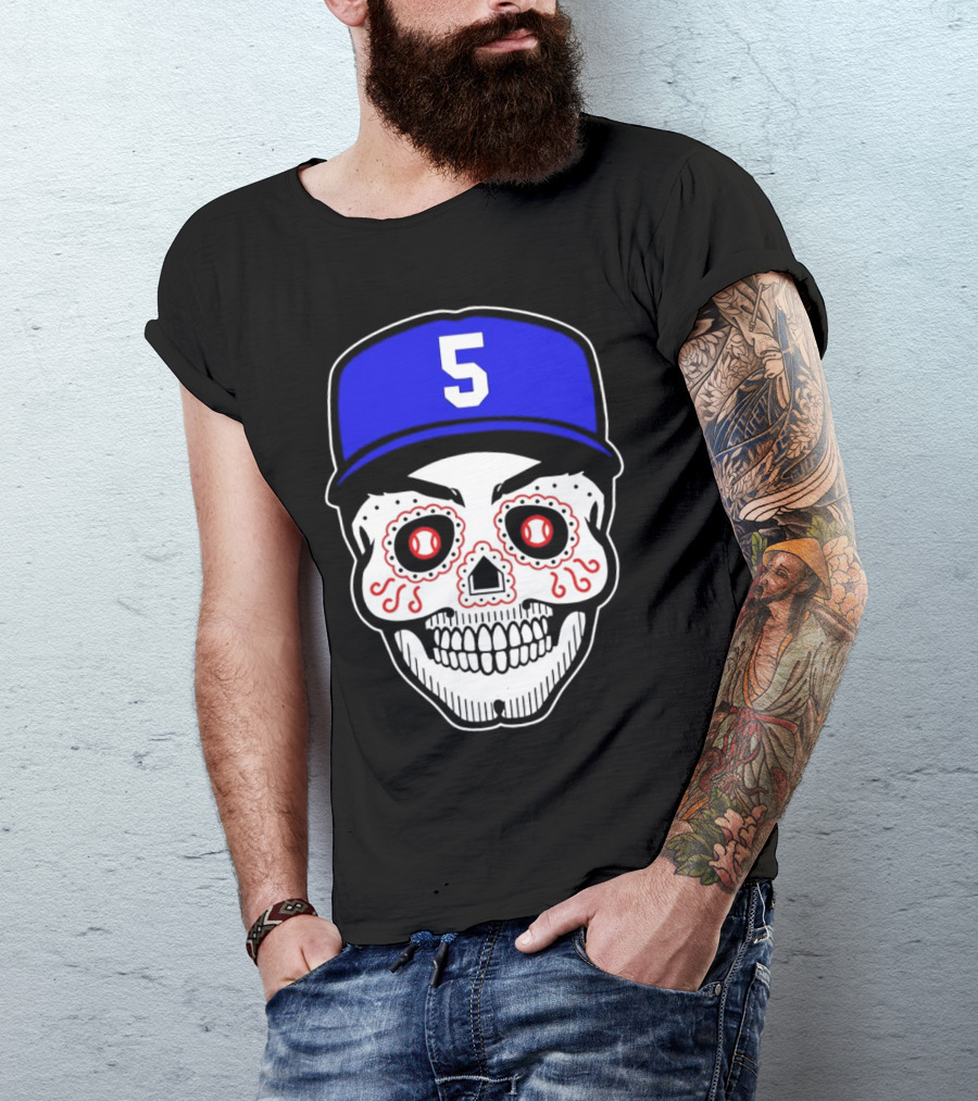 Freddie Freeman Sugar Skull Design Los Angeles Dodgers Number 5 Baseball Cap T-Shirt