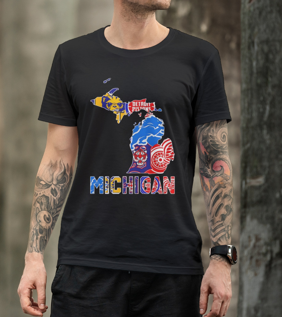 Michigan Sports Teams Logos Map Detroit Pistons Lions Tigers Red Wings T-Shirt