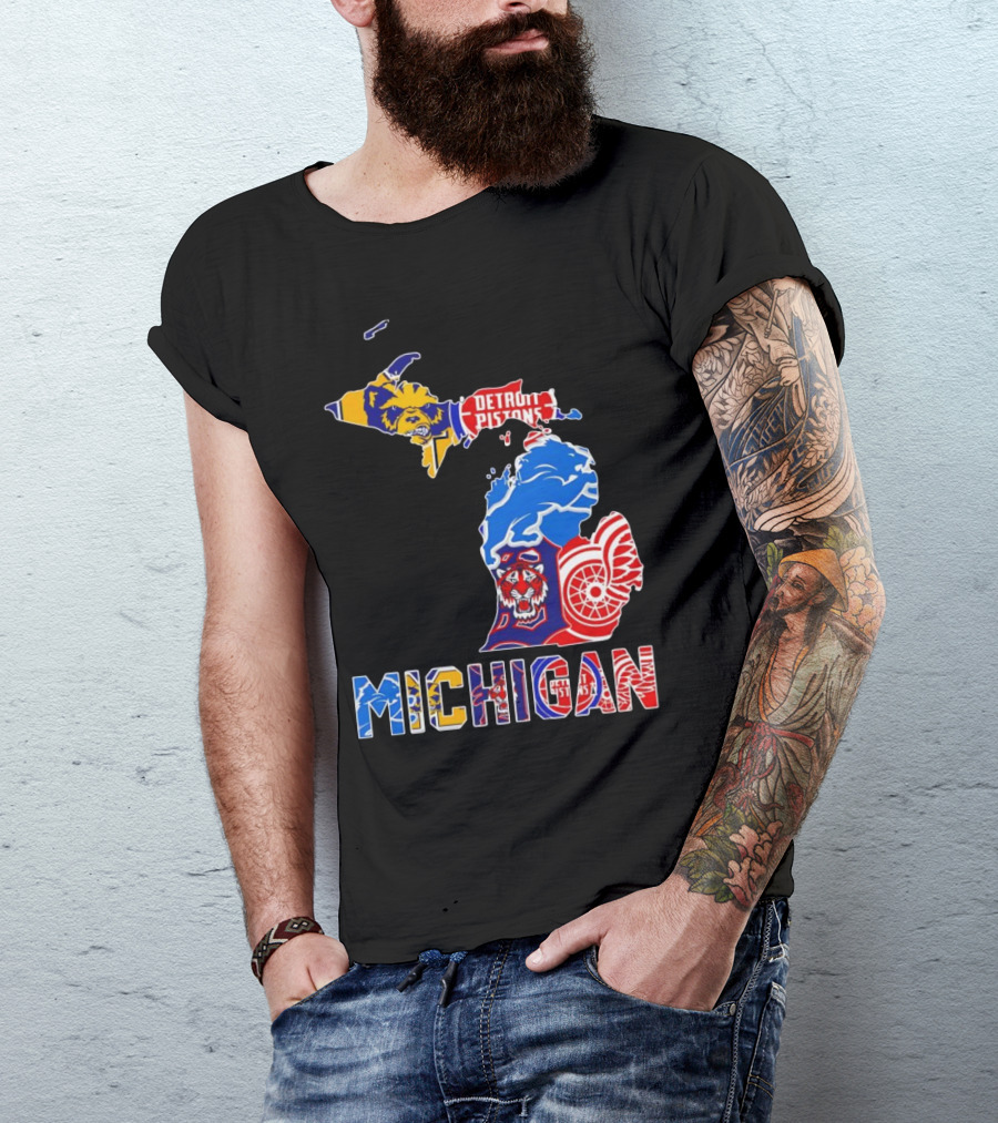 Michigan Sports Teams Logos Map Detroit Pistons Lions Tigers Red Wings T-Shirt