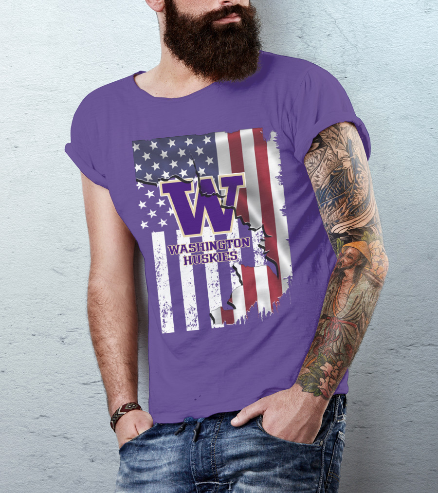Washington Huskies W Logo American Flag T-Shirt