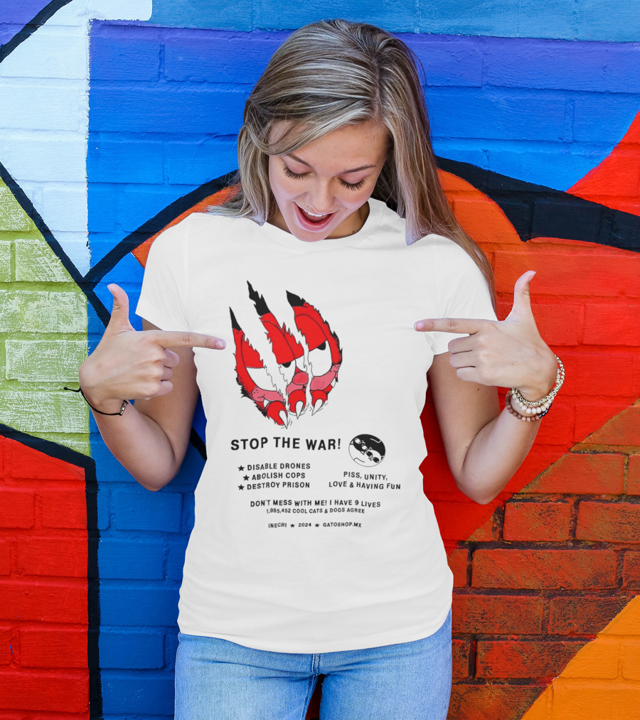 Garfield Stop The War Disable Drones Abolish Cops Destroy Prison Piss Unity Love Having Fun T-Shirt