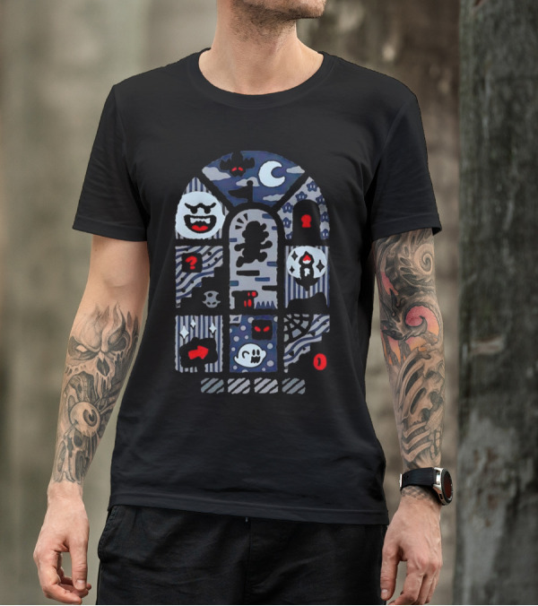 Super Mario World Ghost House Scene Elements Featuring Boo, Skull, And Keyhole T-Shirt