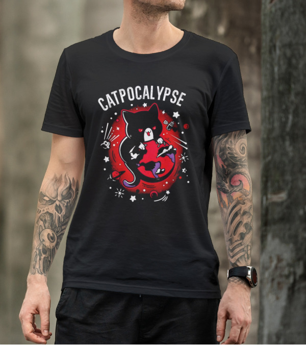 Catpocalypse Red Cat Holding Earth Surrounded By Space Elements T-Shirt