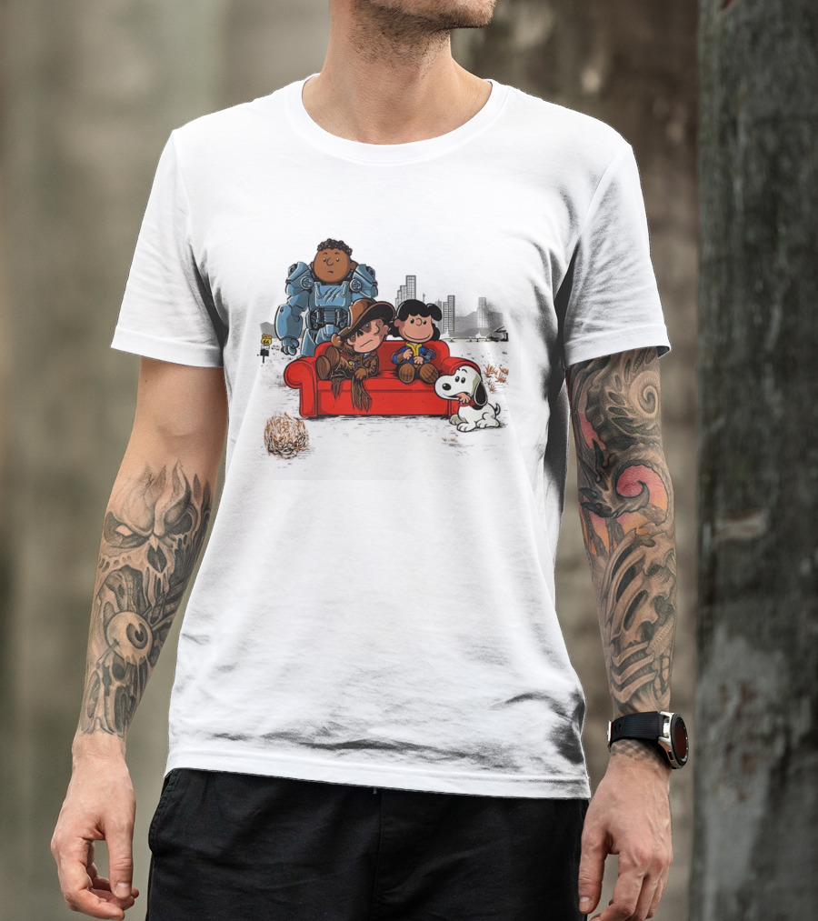 Peanuts Characters On Red Couch With Fallout Power Armor In Apocalypse Scene T-Shirt