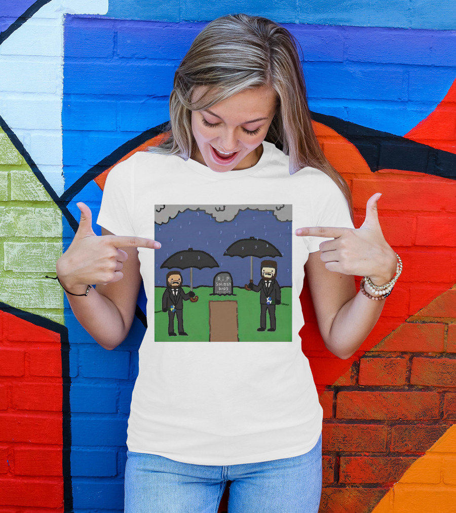 RIP SplashBros Cartoon Memorial With Suited Figures Holding Black Umbrellas T-Shirt