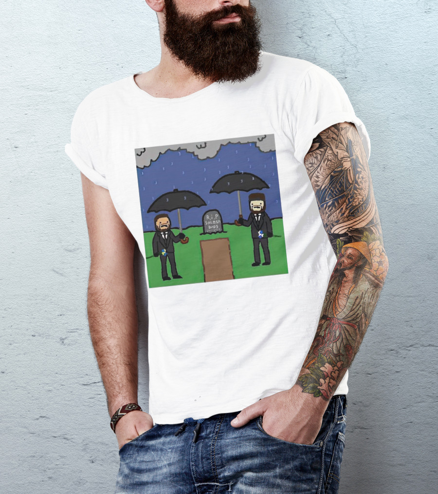RIP SplashBros Cartoon Memorial With Suited Figures Holding Black Umbrellas T-Shirt