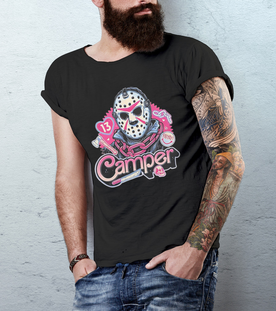 Camper 13 Jason Voorhees Mask And Chains With Ax And Knife Friyay Hearts T-Shirt
