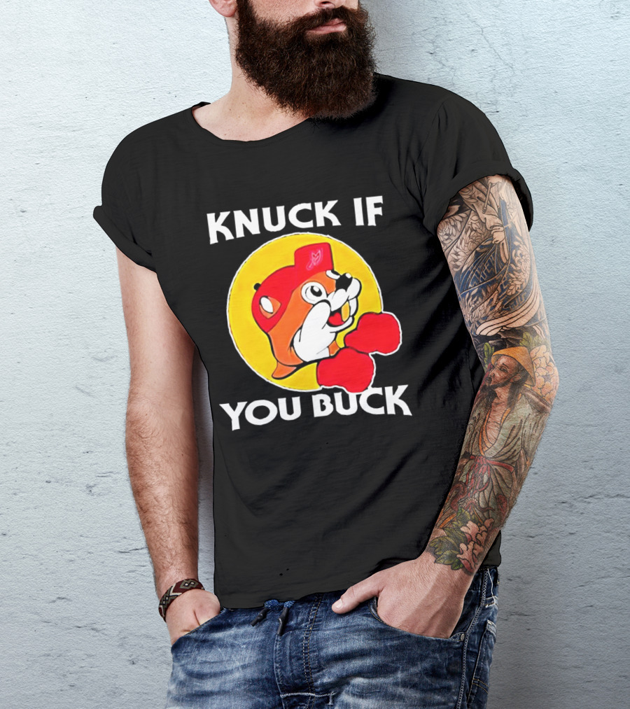 Knuck If You Buck Buc Ees Logo Red Cap Yellow Circle Boxing Gloves T-Shirt