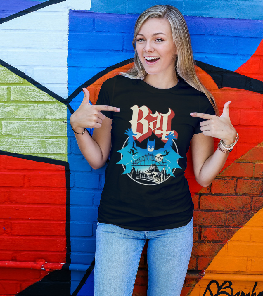 Bat Gotham Asylum Blue Bat Symbol And Red Gothic Font T-Shirt