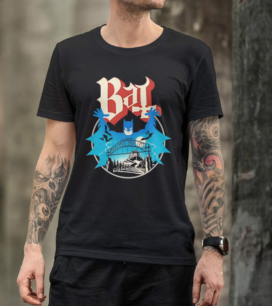 Bat Gotham Asylum Blue Bat Symbol And Red Gothic Font T-Shirt