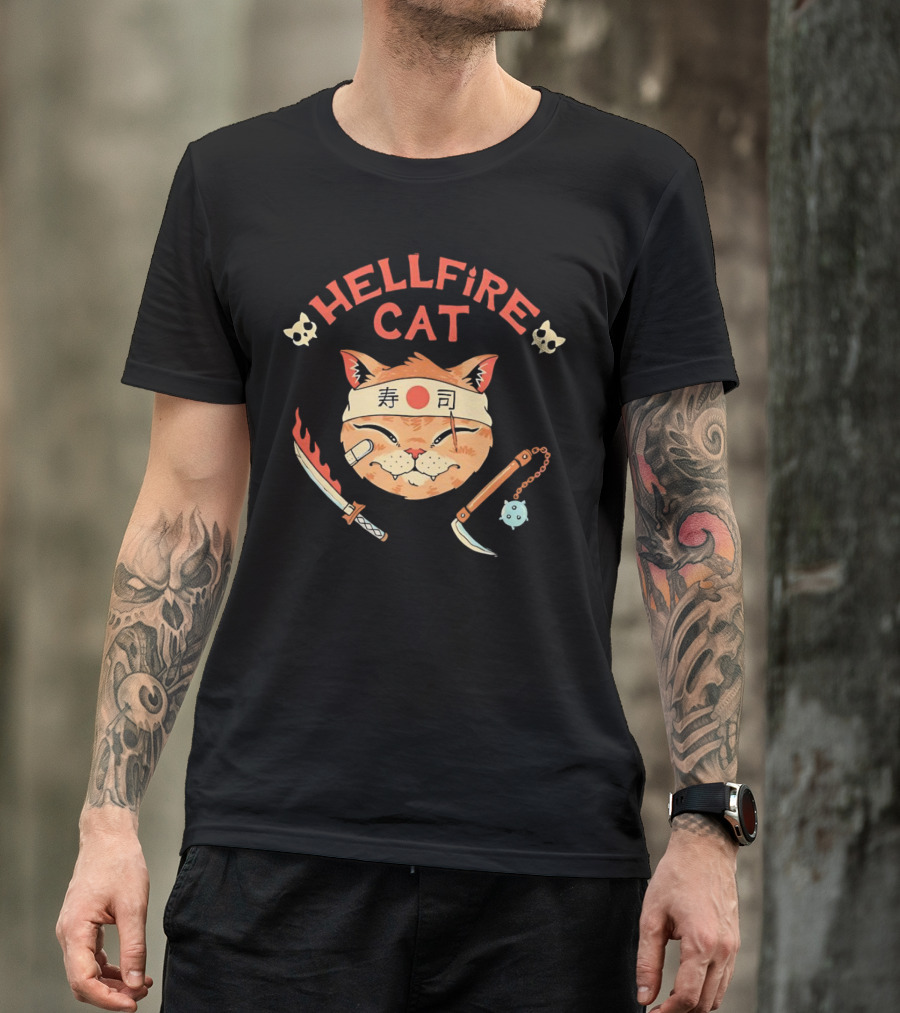 Hellfire Cat Sushi Samurai With Nunchaku And Flaming Sword T-Shirt
