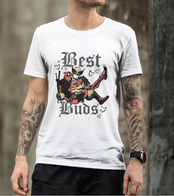 Best Buds Wolverine Carrying Deadpool With Hearts T-Shirt