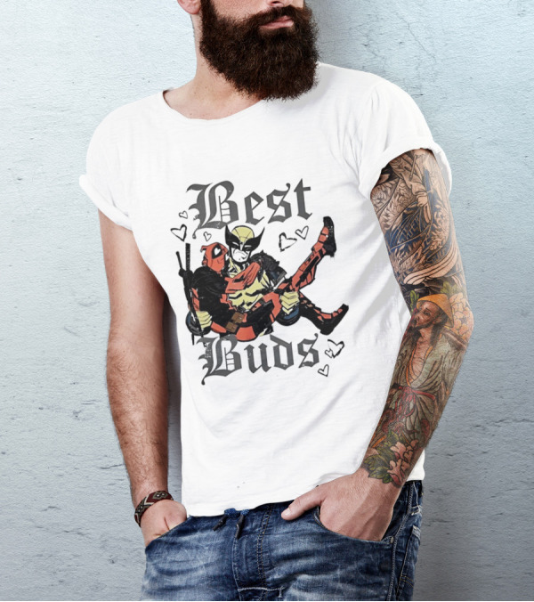 Best Buds Wolverine Carrying Deadpool With Hearts T-Shirt
