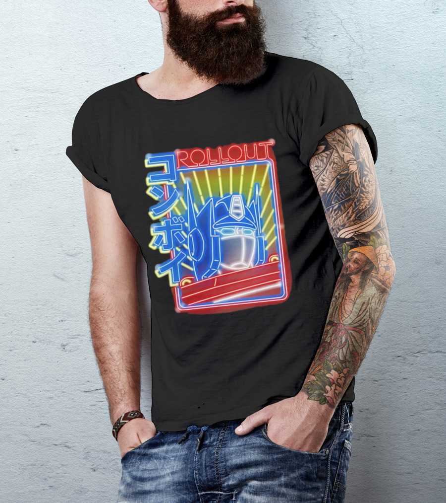Rollout Neon Prime Robot Head With Japanese Characters T-Shirt