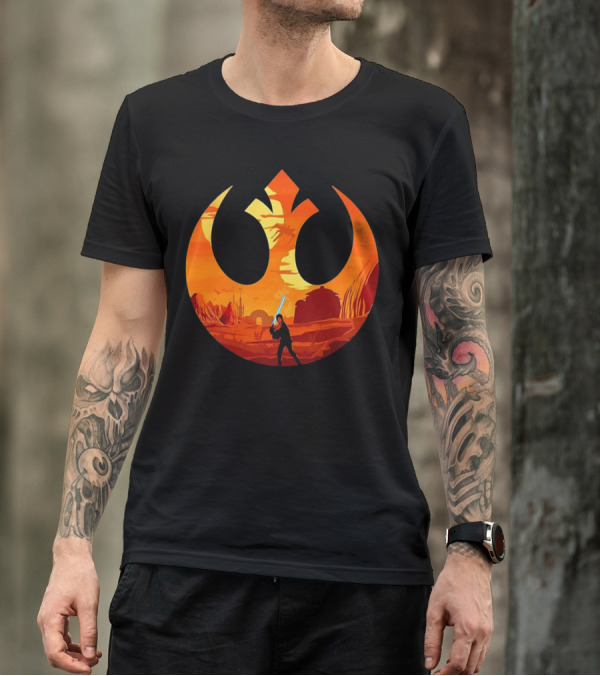 Luke Skywalker The Knight Farmer Tatooine Rebel Symbol Sunset Scene T-Shirt