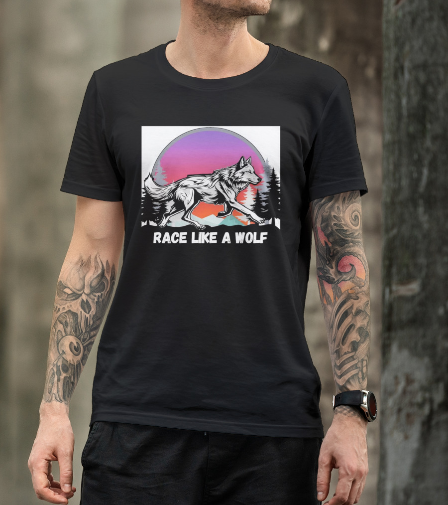 Race Like A Wolf Running Through Forest Silhouette At Sunset T-Shirt