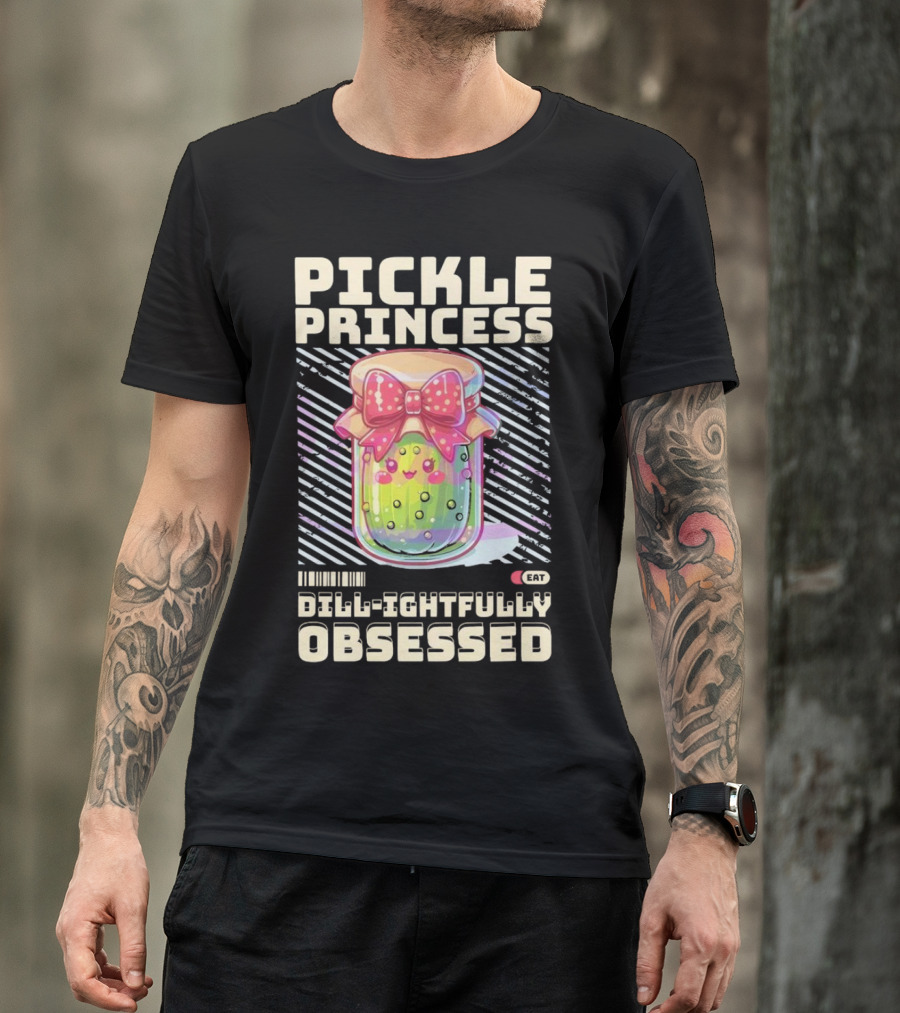 Pickle Princess Dill-ightfully Obsessed Retro Cute Jar With Bow And Barcode Eat T-Shirt