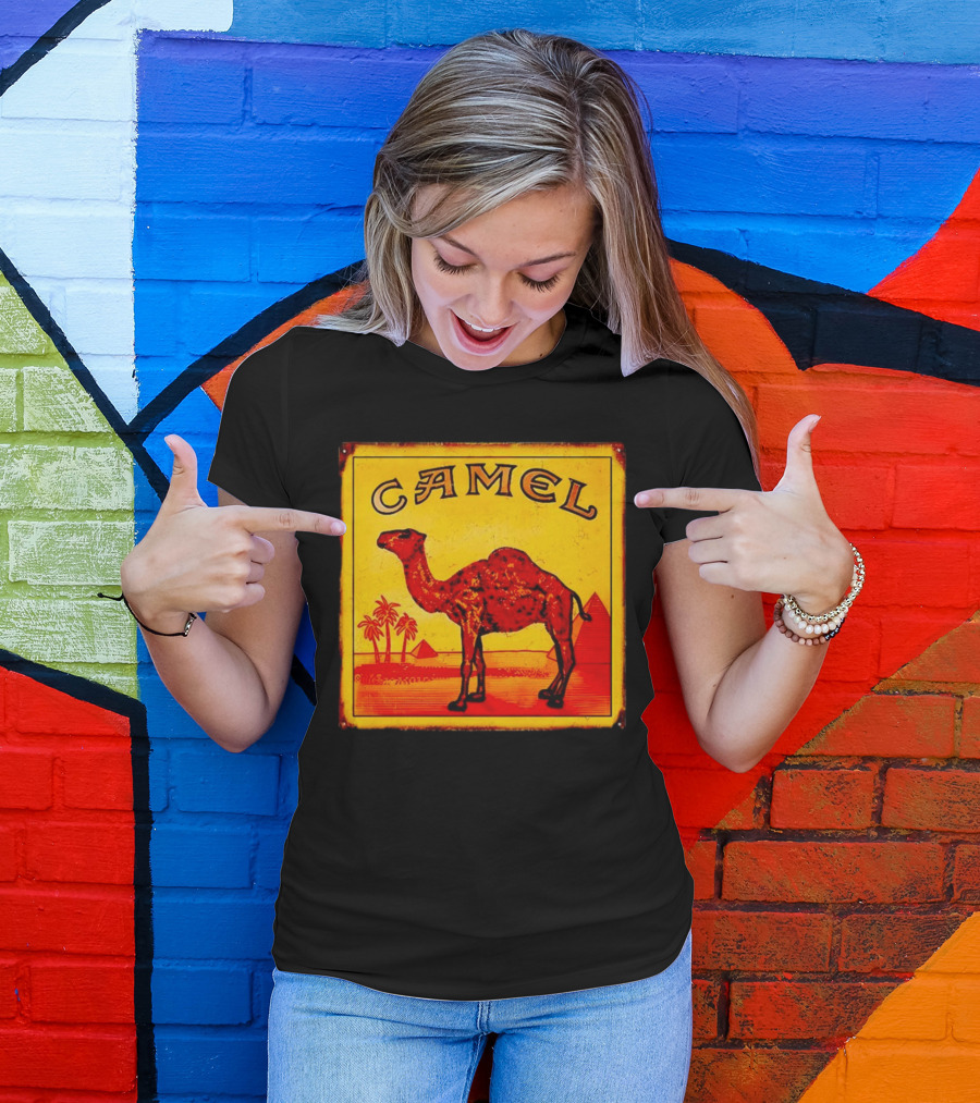 Vintage Camel Cigarettes Logo Yellow Square With Red Camel And Pyramids T-Shirt