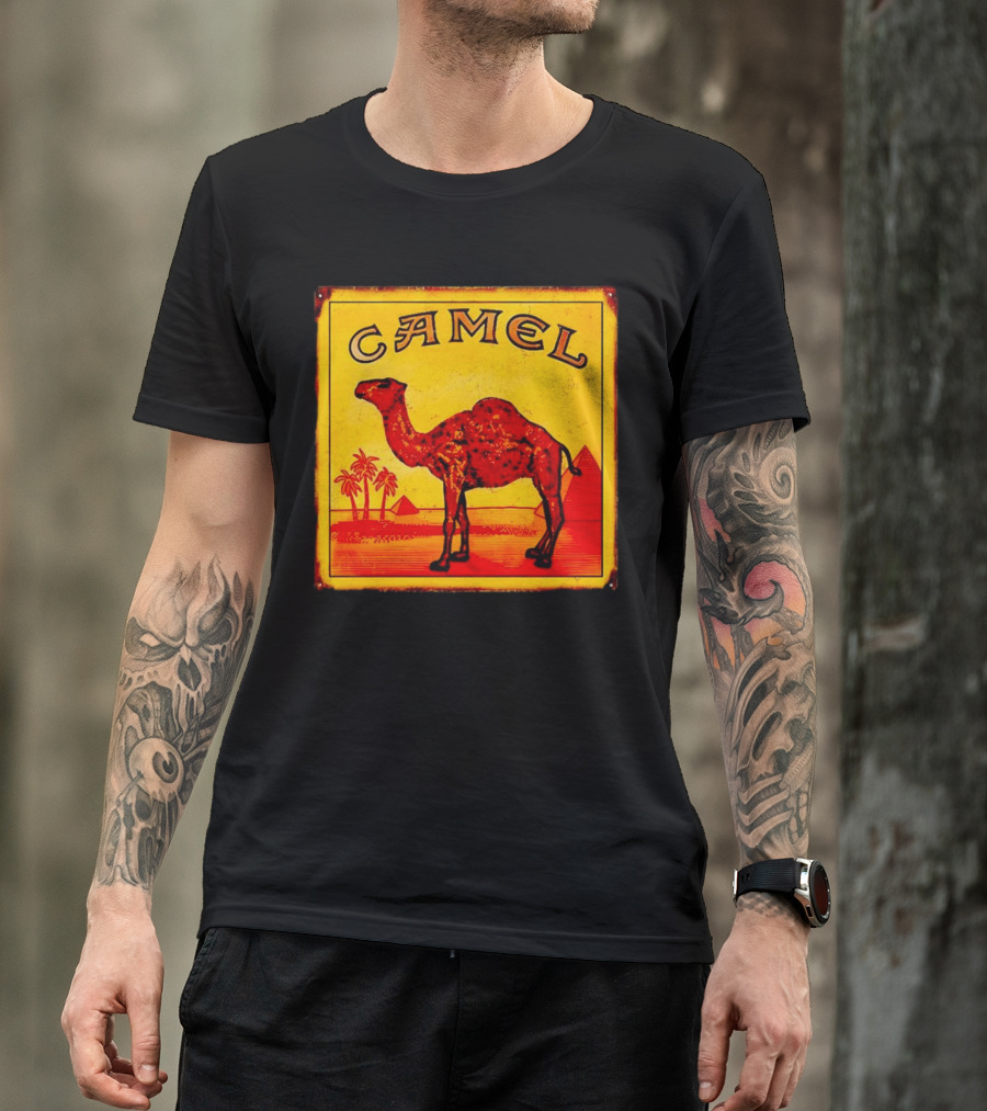 Vintage Camel Cigarettes Logo Yellow Square With Red Camel And Pyramids T-Shirt