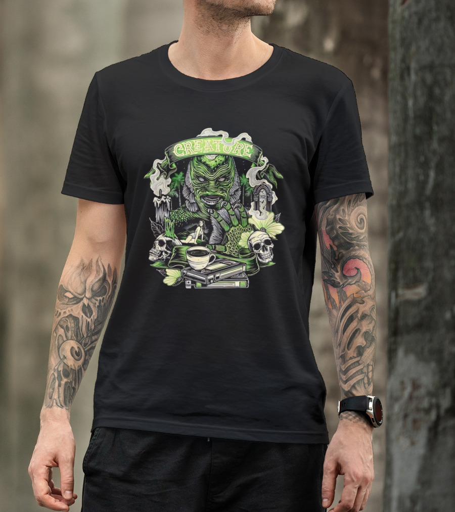 Creature From The Black Lagoon Gill-man Illustrated With Skulls, Books, And Coffee Cup T-Shirt