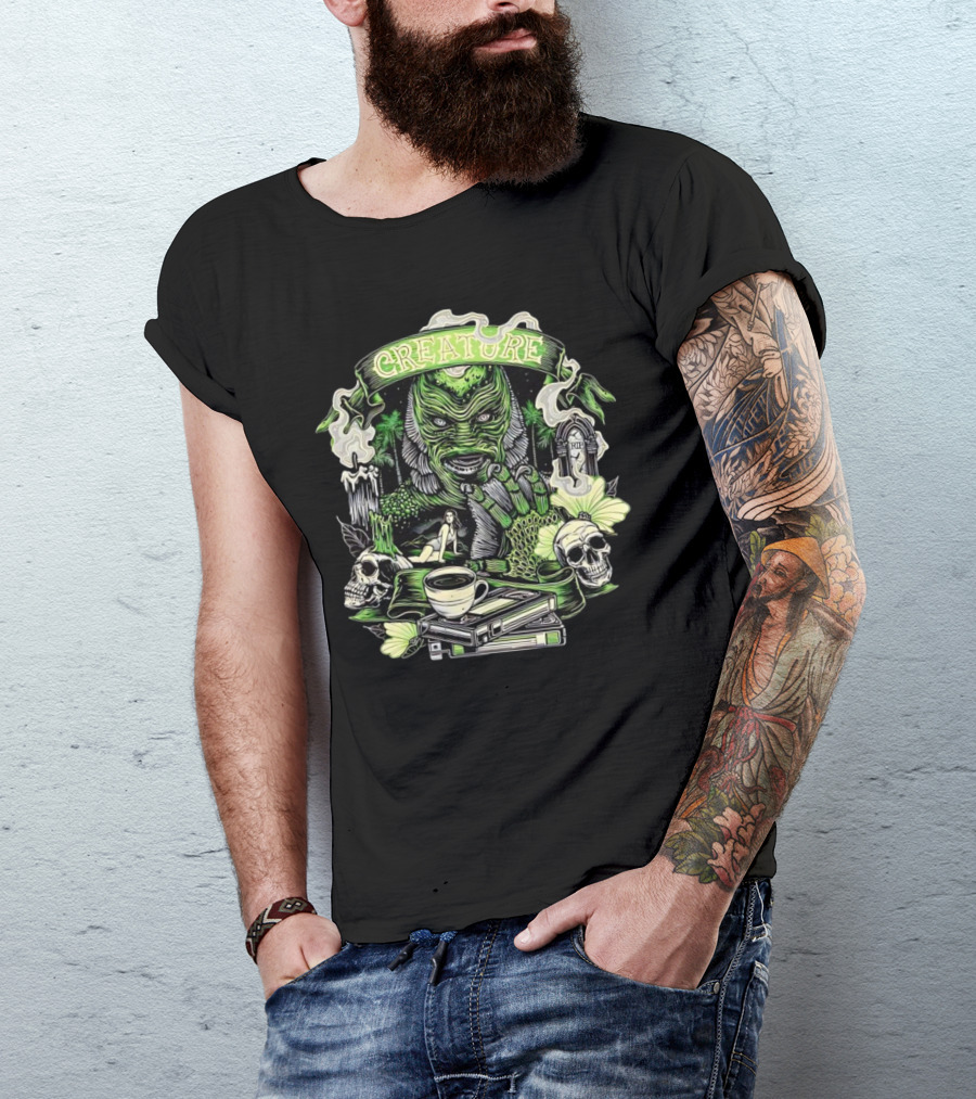 Creature From The Black Lagoon Gill-man Illustrated With Skulls, Books, And Coffee Cup T-Shirt