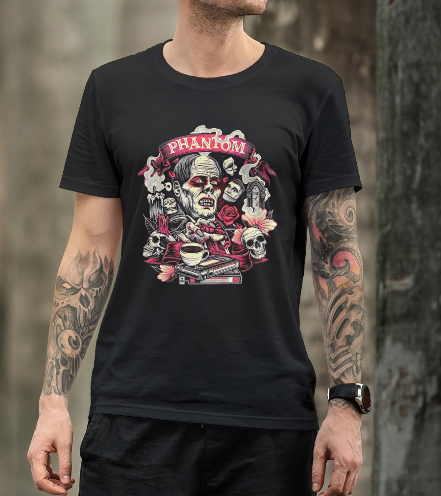 Phantom Of The Opera The Many Faces Of The Phantom With Skulls, Roses, And Coffee Cup T-Shirt