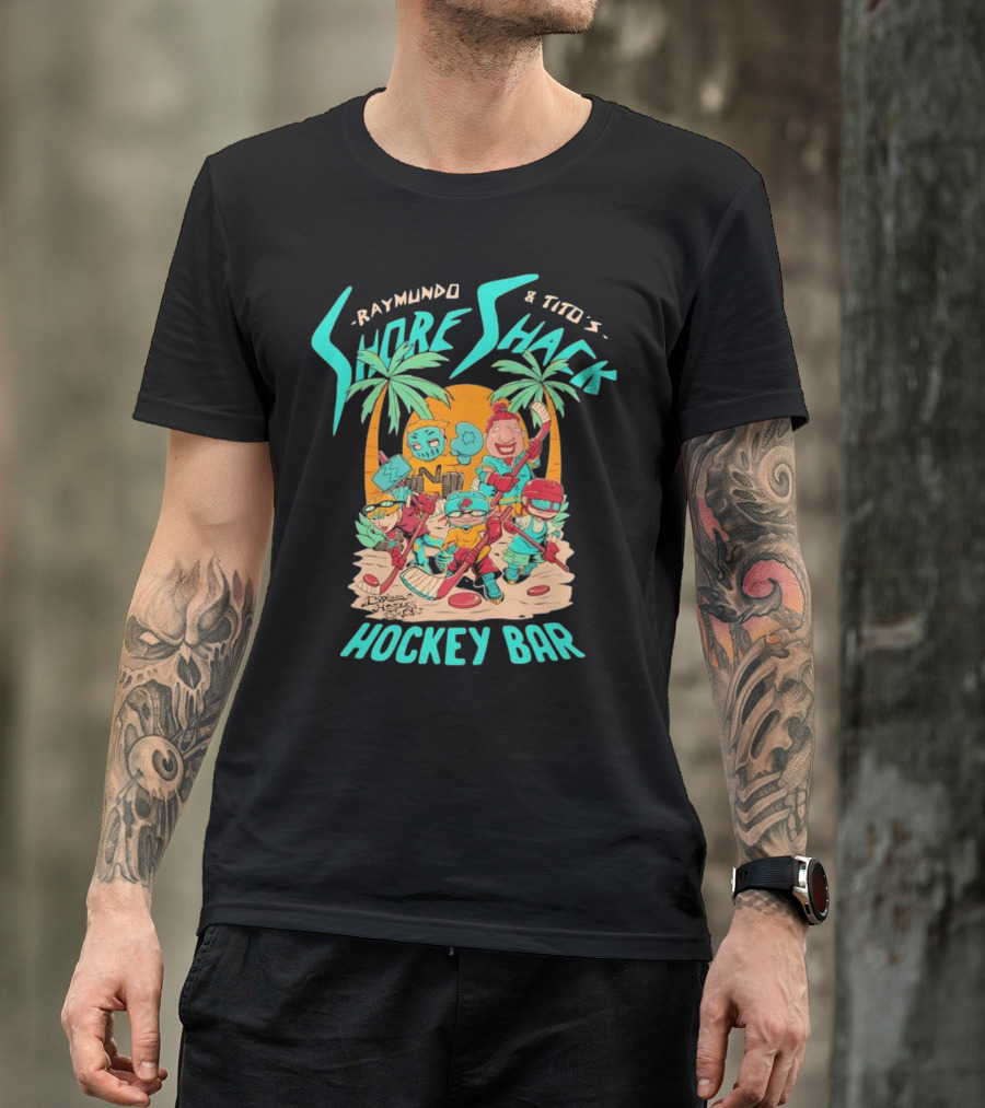 Raymundo And Tito's Shore Shack Hockey Bar Cartoon On The Beach With Hockey Players And Palm Trees T-Shirt