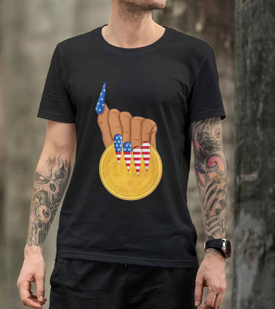 USA Gold Medal Hand With American Flag Nails T-Shirt