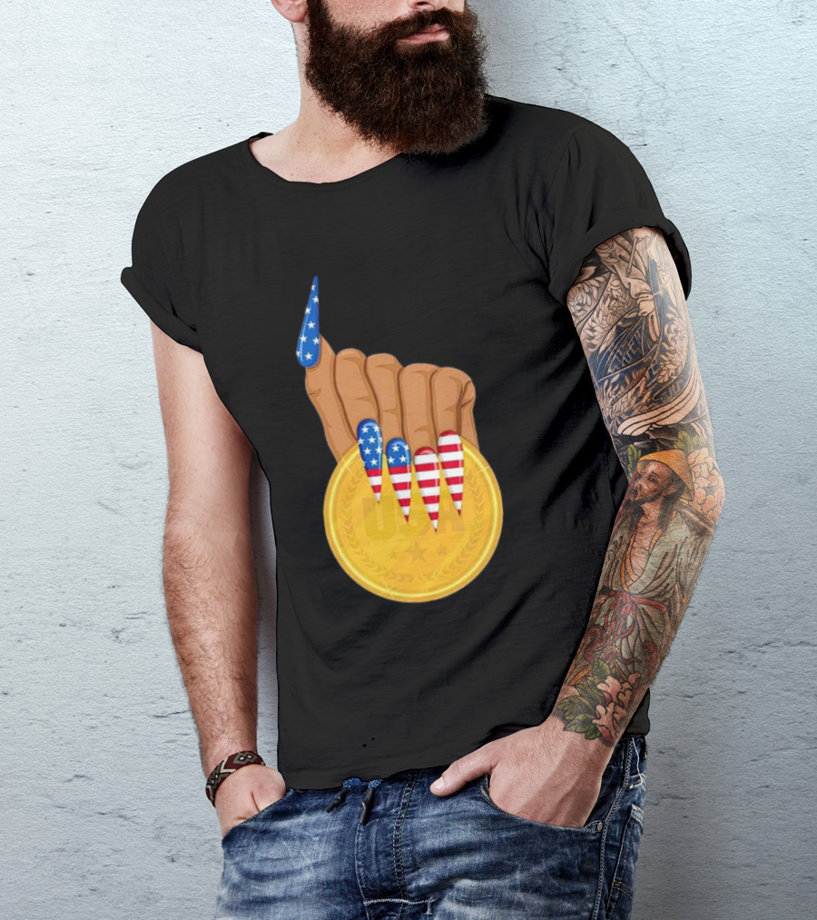 USA Gold Medal Hand With American Flag Nails T-Shirt