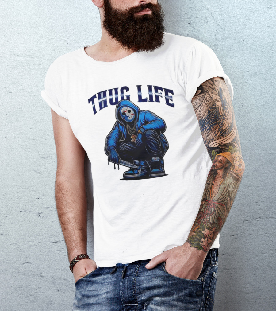 Thug Life Masked Man Sitting With Knife In Blue Hoodie And Sneakers T-Shirt