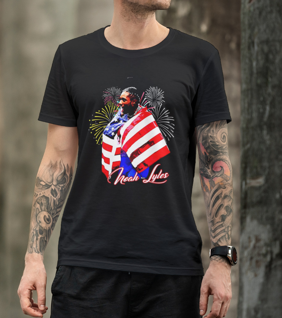 Noah Lyles With American Flag Fireworks T-Shirt