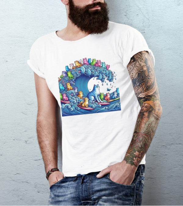 Cats Surfing In A Colorful Wave Bringing Joy T-Shirt